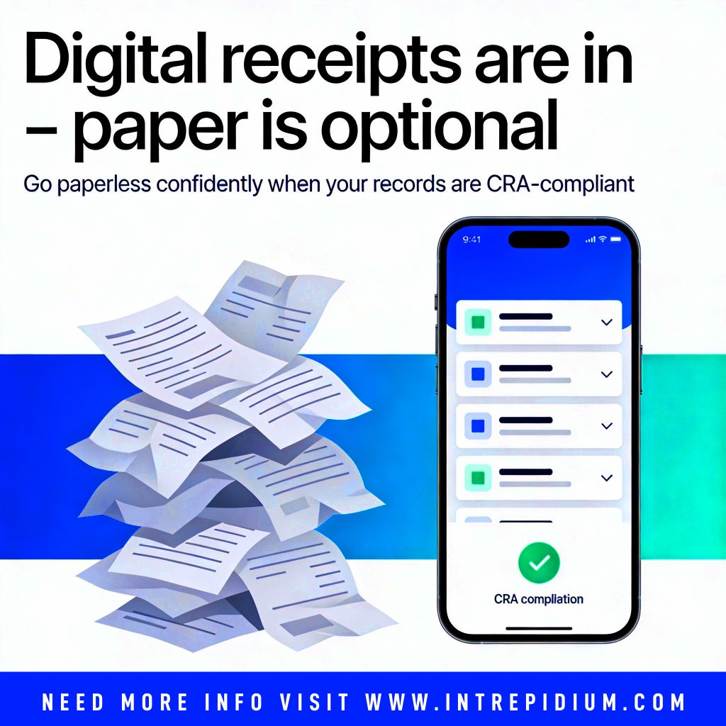 Digital Receipts Are Future - Paper Is Optional 1 A smartphone displays a digital receipt app with a CRA compliance badge, next to a stack of flying paper receipts. Text highlights the benefits of managing your receipts digitally and embracing paperless record keeping.