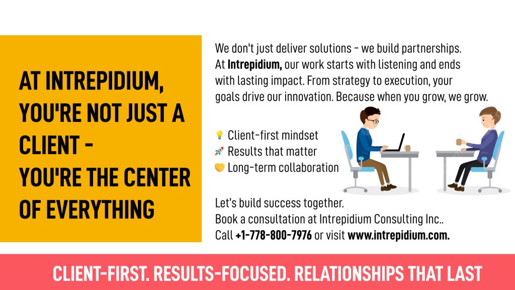 Two professionals sit across a desk in a meeting. Bold text highlights Intrepidium's client-focused approach, contact details, and core values: client-first mindset, client results, and collaboration.