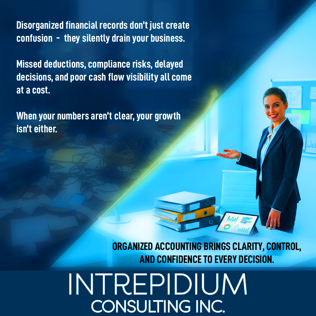 A businesswoman stands by a desk with stacked reports, folders, and records; text highlights the importance of organized accounting for business clarity and control.