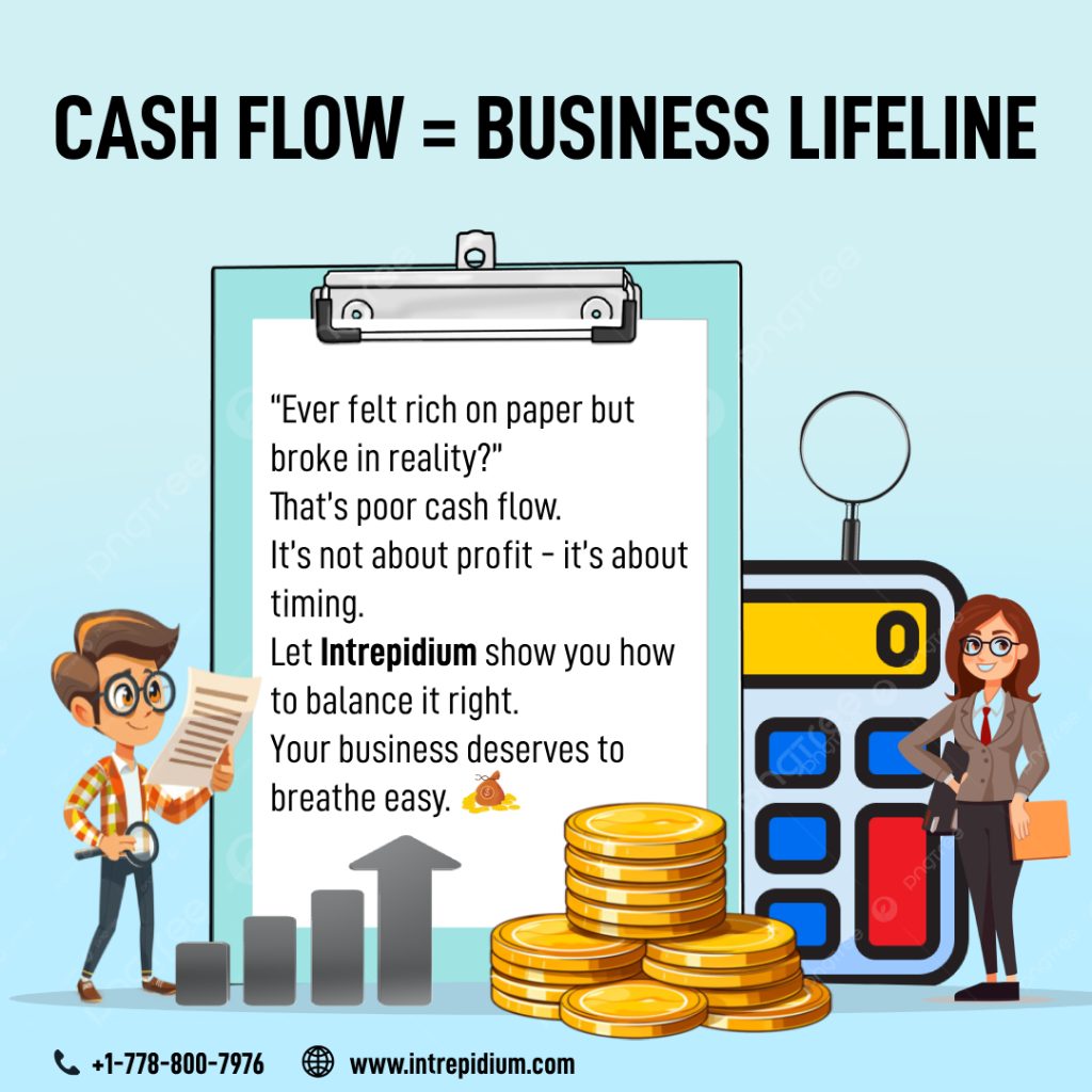 Illustration showing a clipboard with cash flow advice, a calculator, stacked coins, a growth chart, and two cartoon business people, highlighting the importance of smart cash management in business.