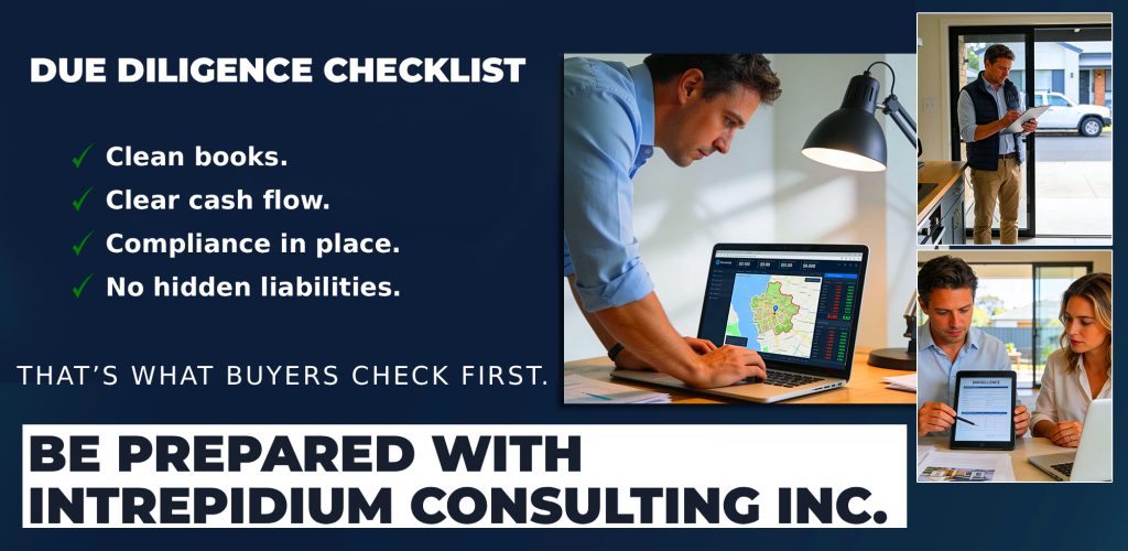 A Due Diligence Checklist with four key points, featuring images of professionals analyzing cash flow and reviewing clean books, plus a banner promoting Intrepidium Consulting Inc.
