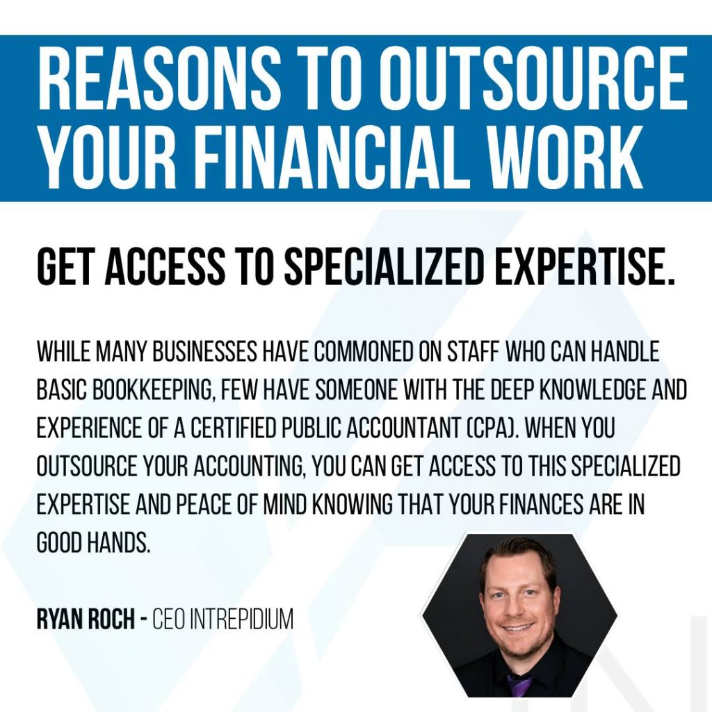 Outsourcing Your Financial Work Gives Your Business a Competitive Advantage 1 A graphic promoting outsourcing financial work, highlighting benefits like specialized expertise, with a quote from Ryan Roch, CEO of Intrepidium, and his headshot in the corner.